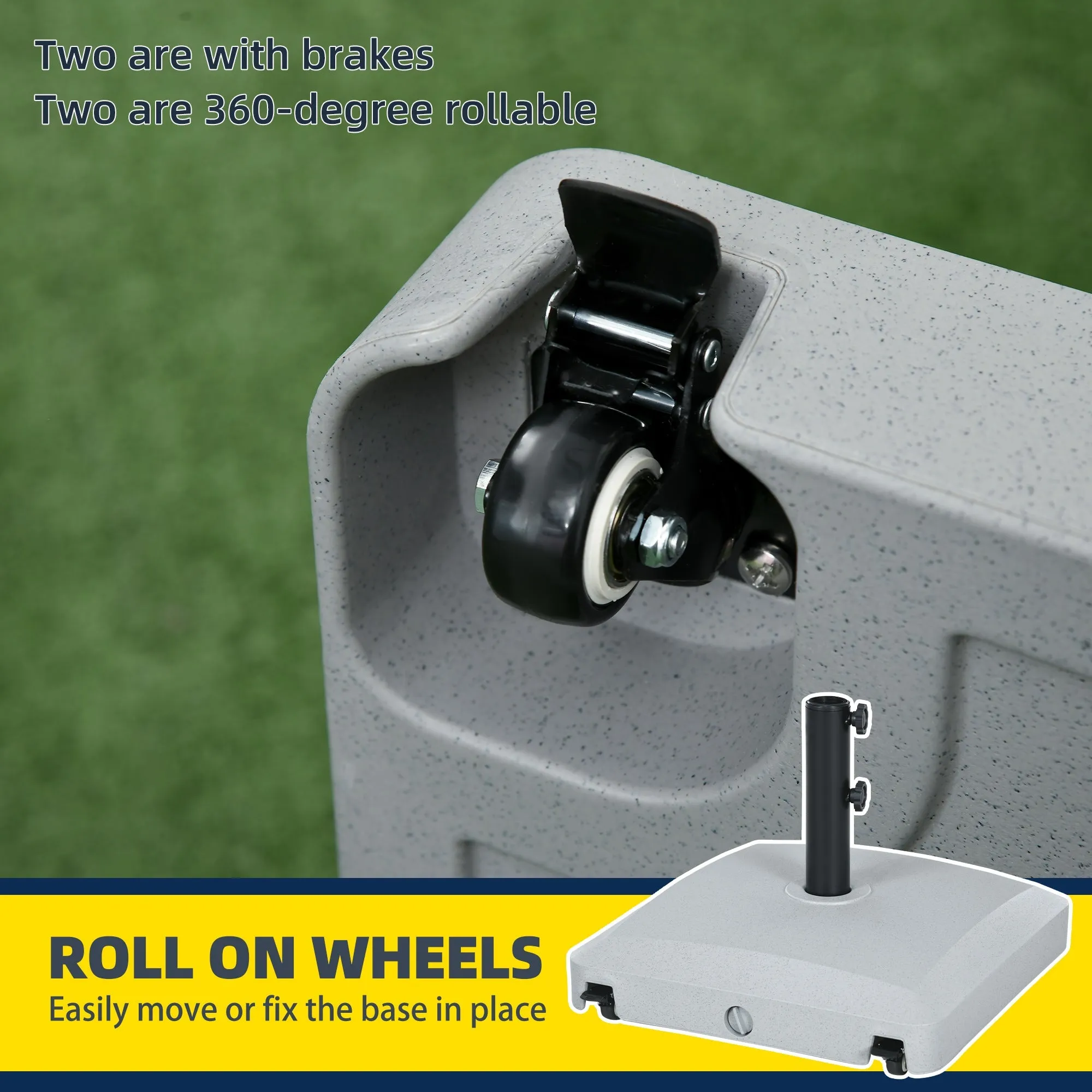 Garden Parasol Base Holder, 24kg Water or 30kg Sand Filled, Outdoor Market Umbrella Stand Weight with Wheels and Brakes, Grey