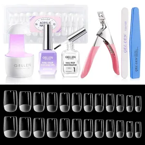 Gellen Gel Nail Kit, 504Pcs Pre-Shaped Short Square Nail Tips, 7 in 1 Gel Nail Glue, Nail Dehydrator, UV/Led Nail Light, Nail Clipper & Files, Gel Tips Nail Extension Set, Home Salon DIY Manicure Set