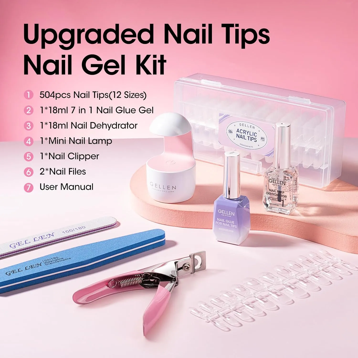 Gellen Gel Nail Kit, 504Pcs Pre-Shaped Short Square Nail Tips, 7 in 1 Gel Nail Glue, Nail Dehydrator, UV/Led Nail Light, Nail Clipper & Files, Gel Tips Nail Extension Set, Home Salon DIY Manicure Set