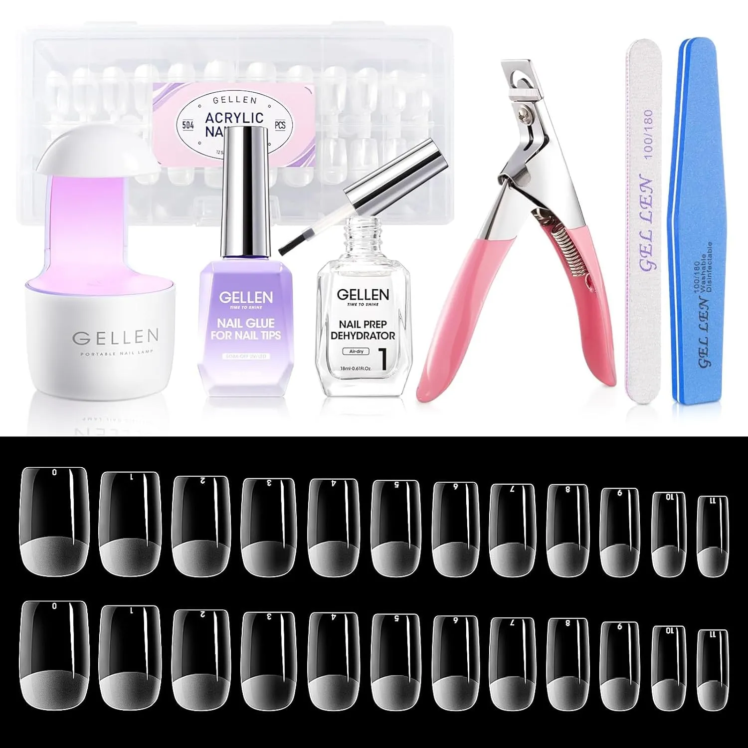 Gellen Gel Nail Kit, 504Pcs Pre-Shaped Short Square Nail Tips, 7 in 1 Gel Nail Glue, Nail Dehydrator, UV/Led Nail Light, Nail Clipper & Files, Gel Tips Nail Extension Set, Home Salon DIY Manicure Set
