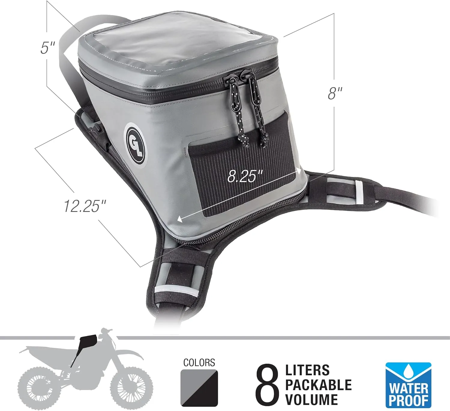 Giant Loop Fandango Tank Bag, Gray Waterproof Motorcycle Tank Bag, 8-Liters Capacity, Fits Any Dirt Bike, Snow Bike, Adventure, Dual Sport & More