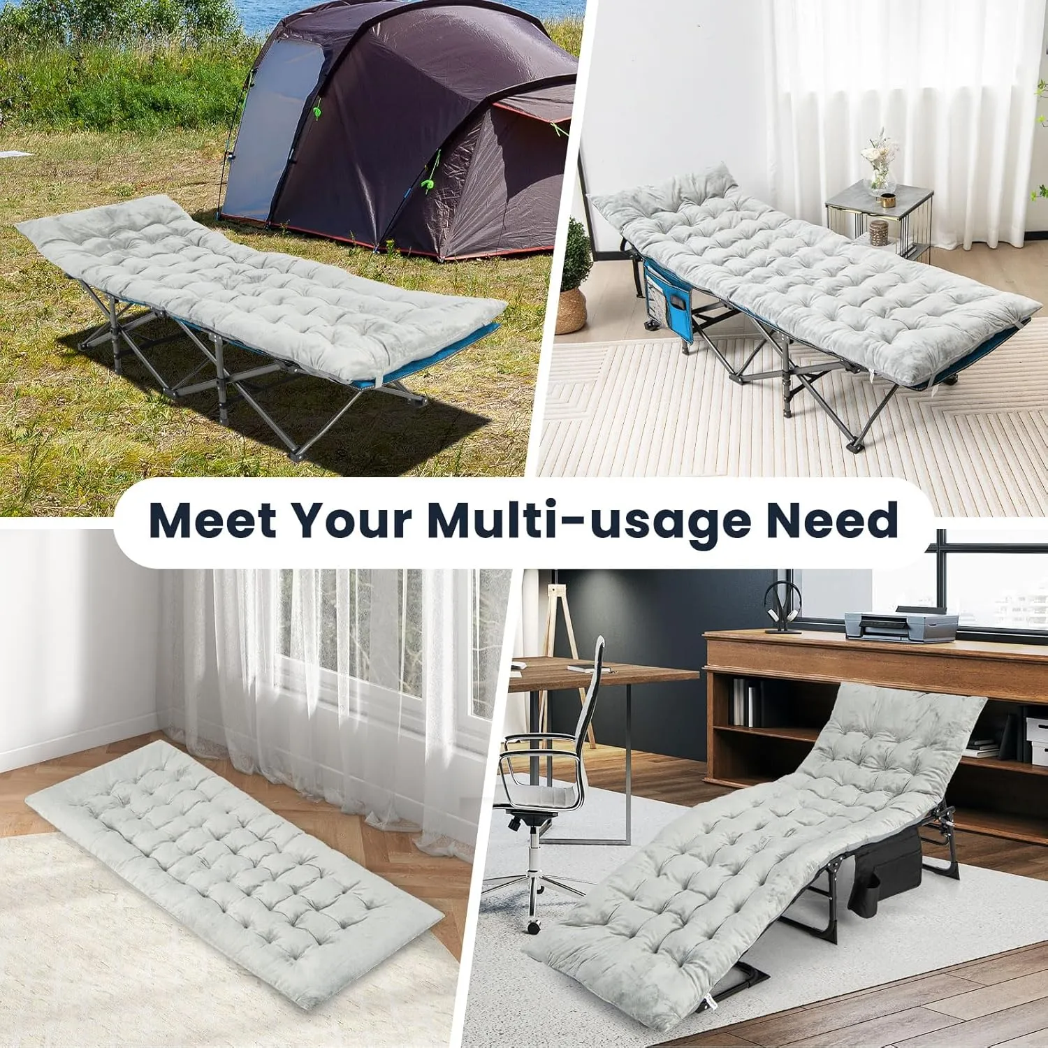 Giantex Folding Camping Cot with Pad, Heavy Duty Sleeping Cots with Carry Bag, Portable Camping Bed for Outdoor Travel Camp Beach Vacation (Gray & Blue)