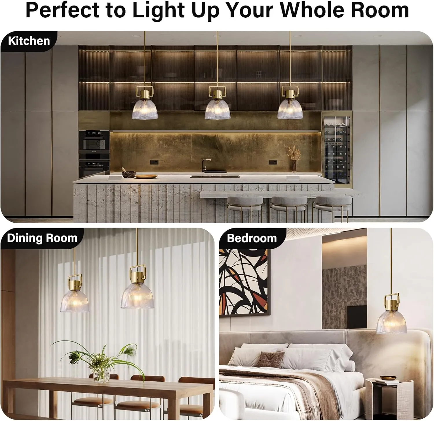 Glass Pendant Lights Kitchen Island, 10" Gold Pendant Light Indoor Modern Fluted Glass Dome Shade Brass Island Lights for Kitchen Dining Room Hallway Bedroom Restaurant