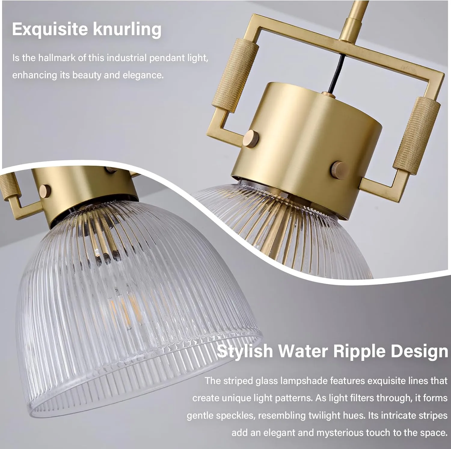 Glass Pendant Lights Kitchen Island, 10" Gold Pendant Light Indoor Modern Fluted Glass Dome Shade Brass Island Lights for Kitchen Dining Room Hallway Bedroom Restaurant