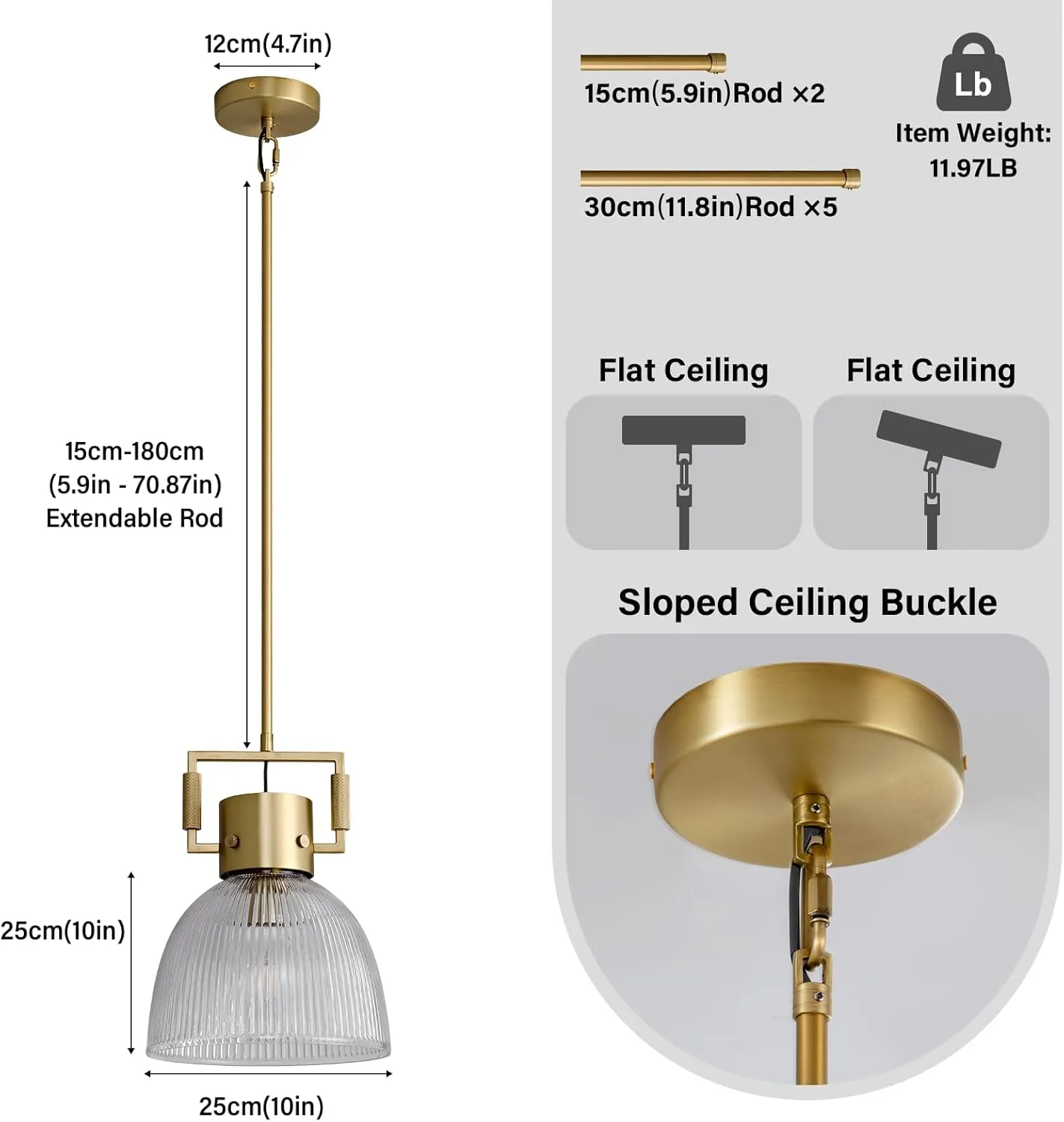 Glass Pendant Lights Kitchen Island, 10" Gold Pendant Light Indoor Modern Fluted Glass Dome Shade Brass Island Lights for Kitchen Dining Room Hallway Bedroom Restaurant
