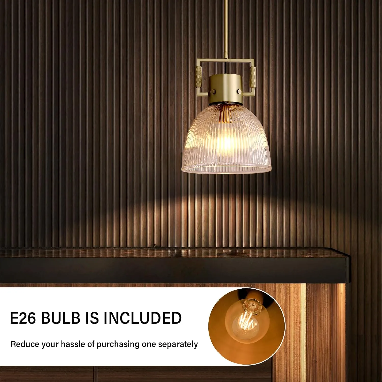 Glass Pendant Lights Kitchen Island, 10" Gold Pendant Light Indoor Modern Fluted Glass Dome Shade Brass Island Lights for Kitchen Dining Room Hallway Bedroom Restaurant