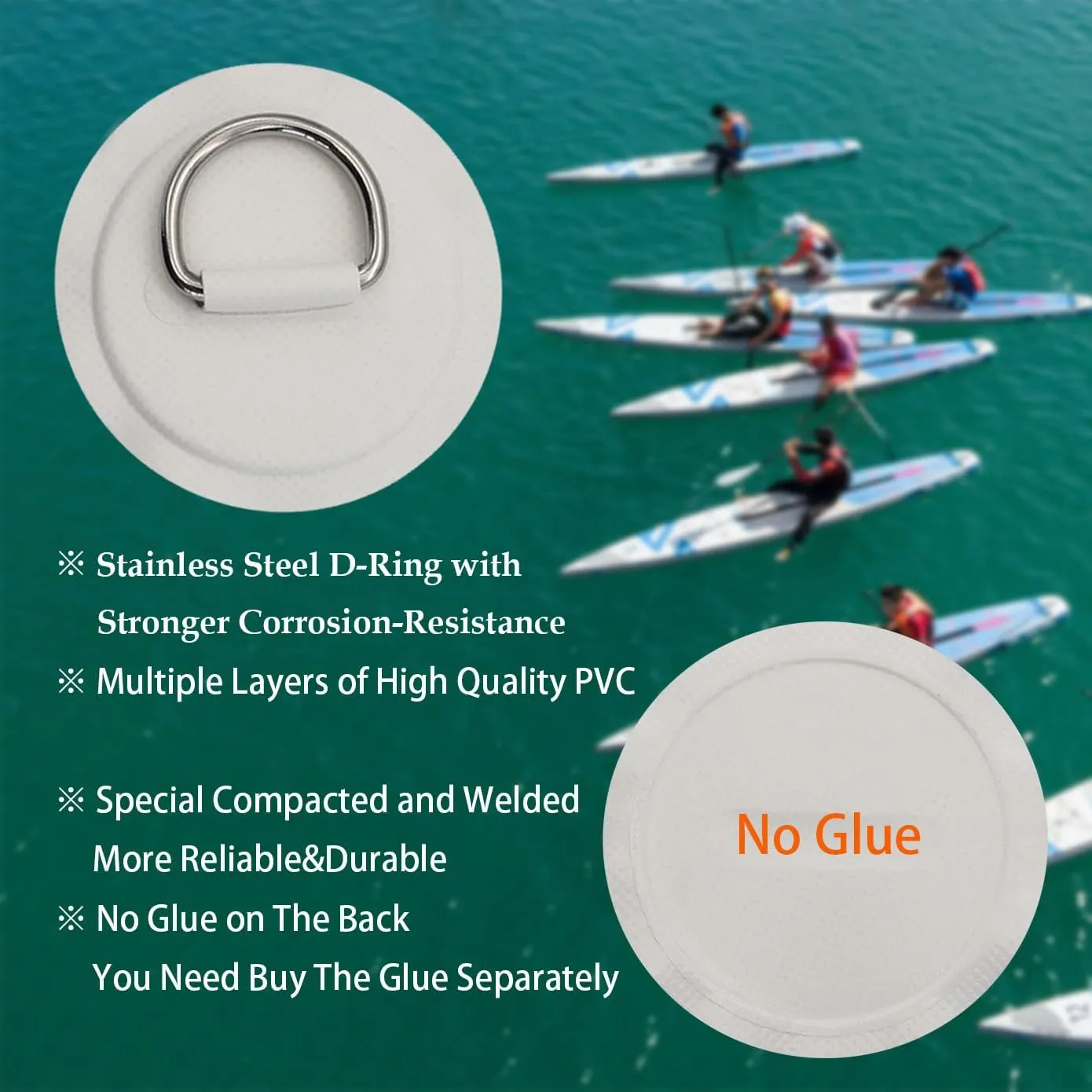 Golden Muhe 6 Pcs Stainless Steel D-Ring PVC Patch & Elastic Bungee Shock Cord for Sup Kayak Paddleboard Inflatable Boat