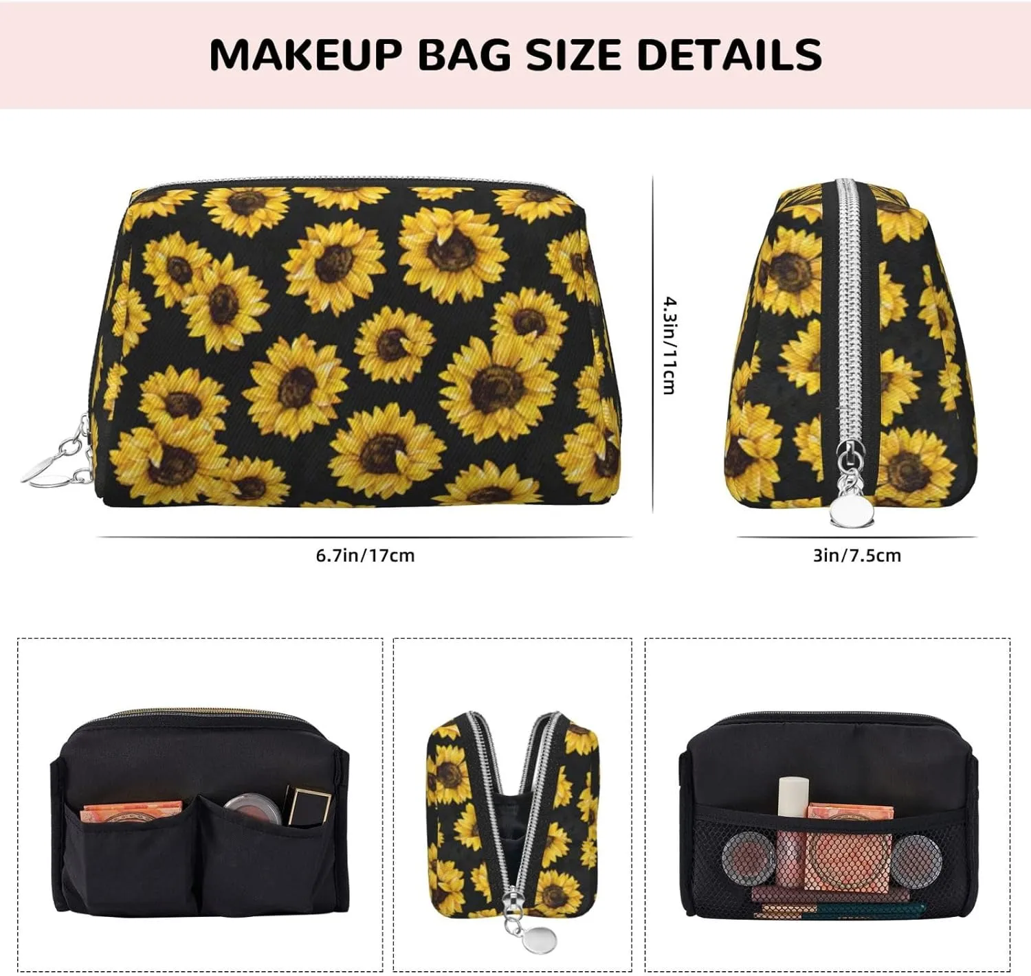 Golden Sunflowers Travel-Ready Toiletry Bag, Compact Makeup Organizer For Women