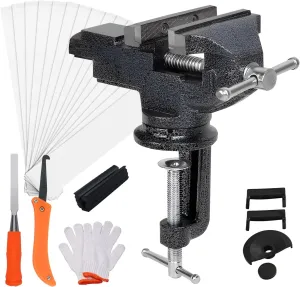 Golf Club Grip Vise Clamp Kit, 360° Swivel Portable Table Vise,Inlcudes 20 Double-Sided Tapes (2"x 10"),Rubber Sleeve, Hook Cutter,Glove,Tape Stripper Remover Tool