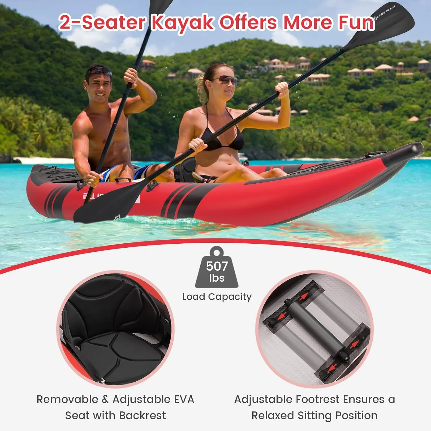 Goplus Inflatable Kayak, 2-Person Kayak Set for Adults with 507 LBS Weight Capacity, 2 Aluminium Oars, EVA Padded Seat, 2 Fins, Hand Pump, Carry Bag, Repair Kit, Portable Touring Kayaks