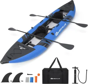 Goplus Inflatable Kayak, 2-Person Kayak Set for Adults with 507 LBS Weight Capacity, 2 Aluminium Oars, EVA Padded Seat, 2 Fins, Hand Pump, Carry Bag, Repair Kit, Portable Touring Kayaks