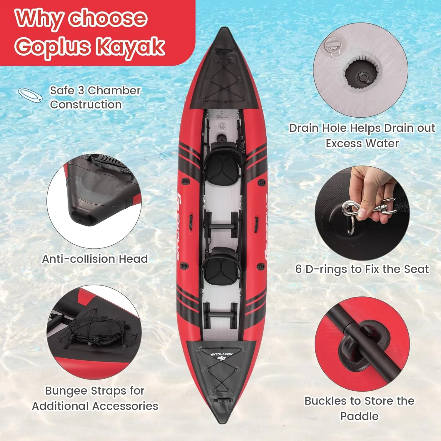 Goplus Inflatable Kayak, 2-Person Kayak Set for Adults with 507 LBS Weight Capacity, 2 Aluminium Oars, EVA Padded Seat, 2 Fins, Hand Pump, Carry Bag, Repair Kit, Portable Touring Kayaks