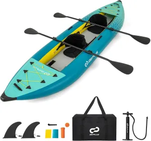 Goplus Inflatable Kayak, 2-Person Kayak Set for Adults with 507 LBS Weight Capacity, 2 Aluminium Oars, EVA Padded Seat, 2 Fins, Hand Pump, Carry Bag, Repair Kit, Portable Touring Kayaks