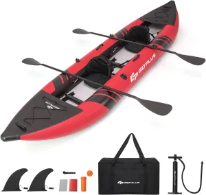 Goplus Inflatable Kayak, 2-Person Kayak Set for Adults with 507 LBS Weight Capacity, 2 Aluminium Oars, EVA Padded Seat, 2 Fins, Hand Pump, Carry Bag, Repair Kit, Portable Touring Kayaks