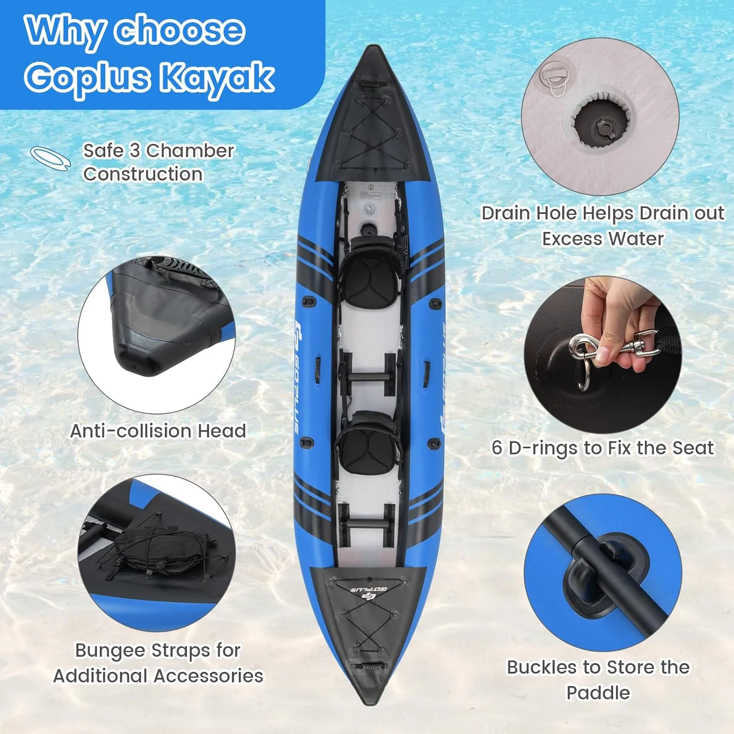 Goplus Inflatable Kayak, 2-Person Kayak Set for Adults with 507 LBS Weight Capacity, 2 Aluminium Oars, EVA Padded Seat, 2 Fins, Hand Pump, Carry Bag, Repair Kit, Portable Touring Kayaks