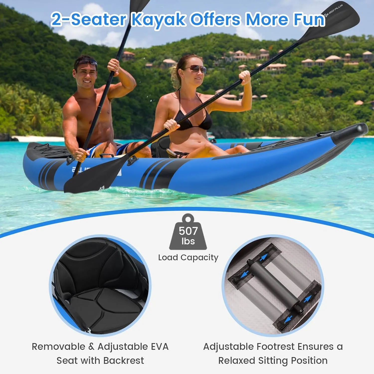 Goplus Inflatable Kayak, 2-Person Kayak Set for Adults with 507 LBS Weight Capacity, 2 Aluminium Oars, EVA Padded Seat, 2 Fins, Hand Pump, Carry Bag, Repair Kit, Portable Touring Kayaks