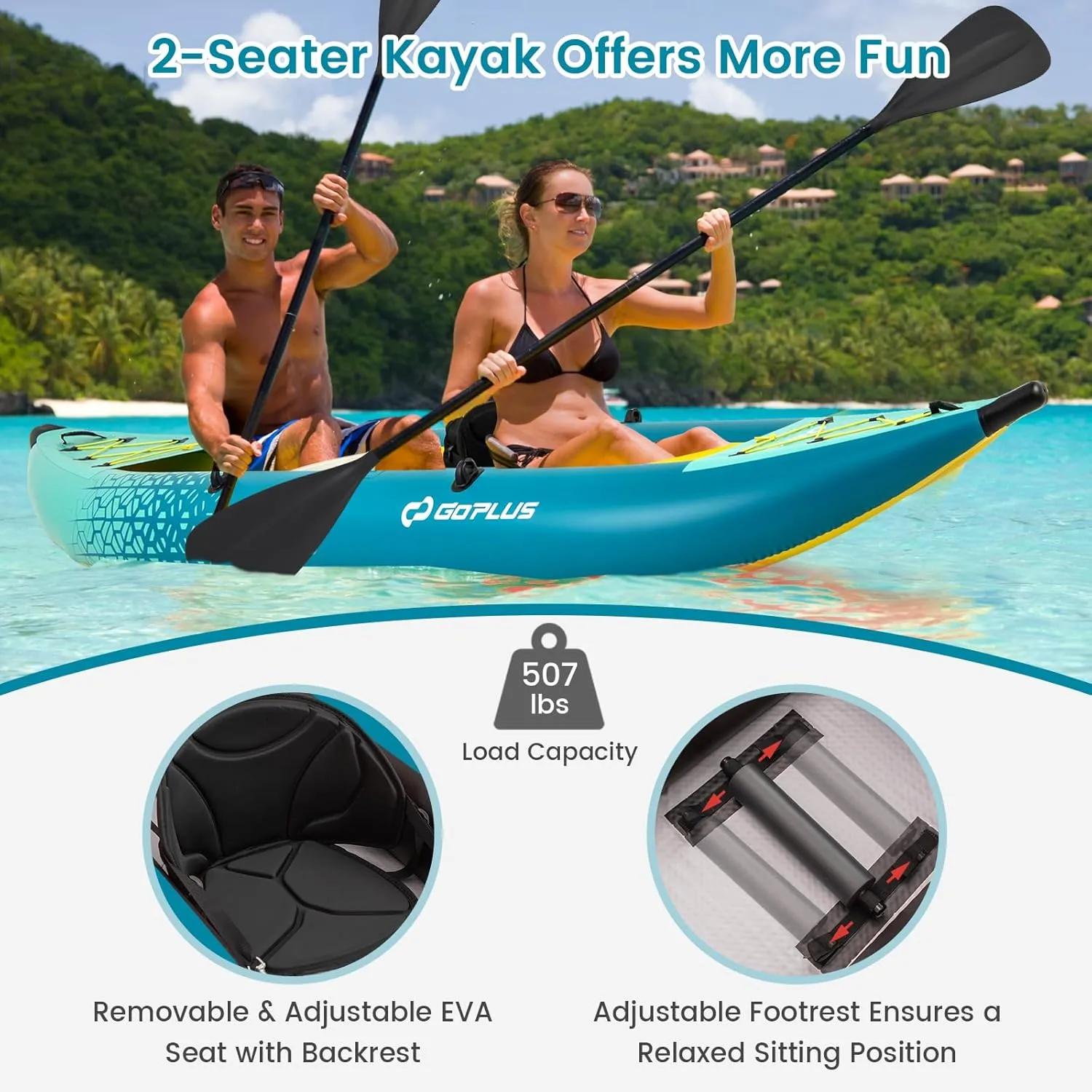 Goplus Inflatable Kayak, 2-Person Kayak Set for Adults with 507 LBS Weight Capacity, 2 Aluminium Oars, EVA Padded Seat, 2 Fins, Hand Pump, Carry Bag, Repair Kit, Portable Touring Kayaks
