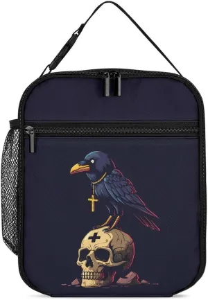 Gothic Crow with Ankh On Skull Lunch Bag Insulated Box Portable Reusable Tote Handbag with Strap for Women Men