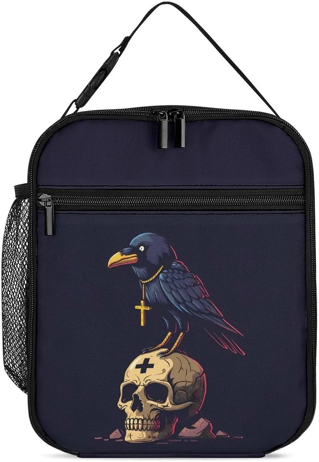Gothic Crow with Ankh On Skull Lunch Bag Insulated Box Portable Reusable Tote Handbag with Strap for Women Men