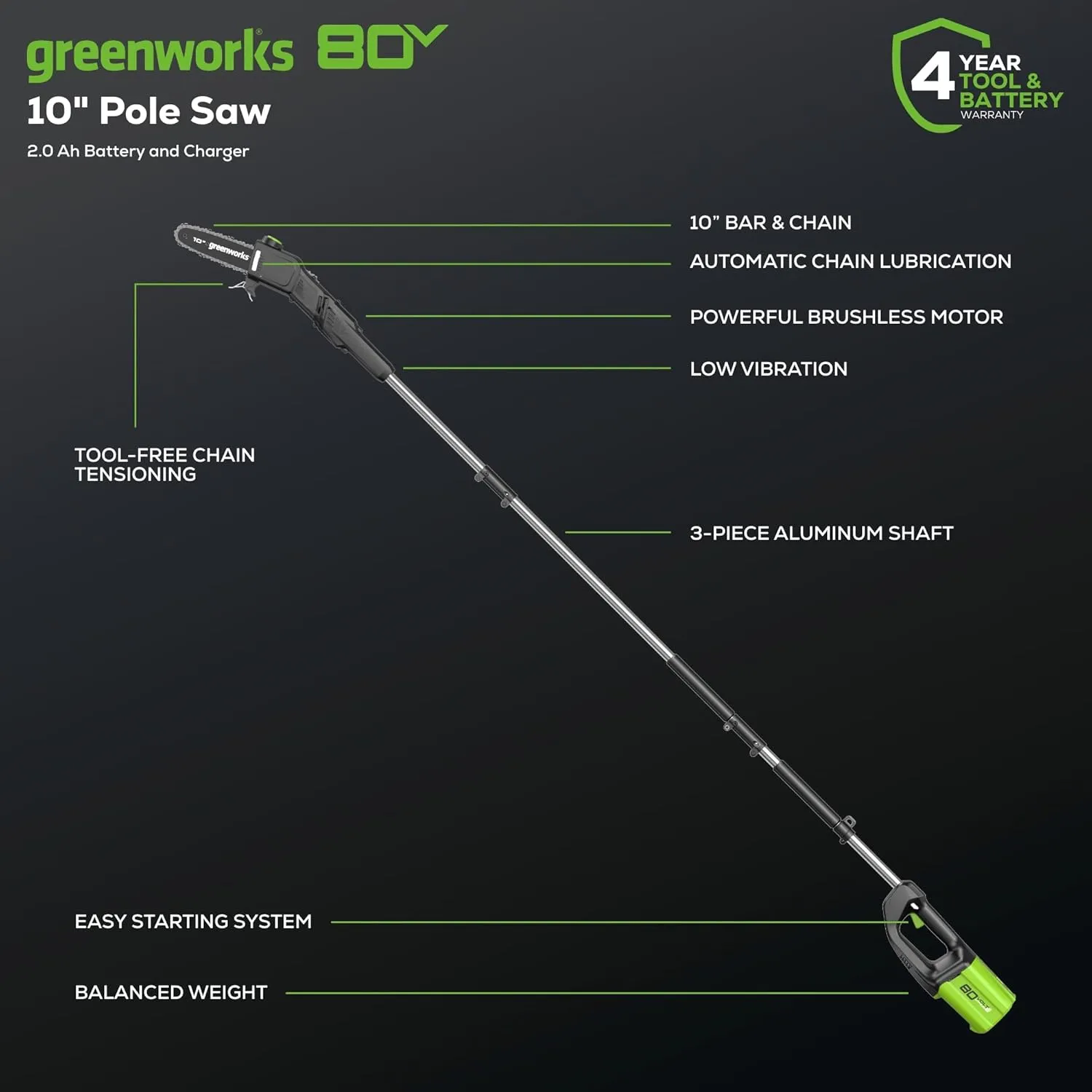 Greenworks 80V 10" Cordless Polesaw (Great For Pruning and Trimming Branches / 75  Compatible Tools), 2.0Ah Battery and Charger Included