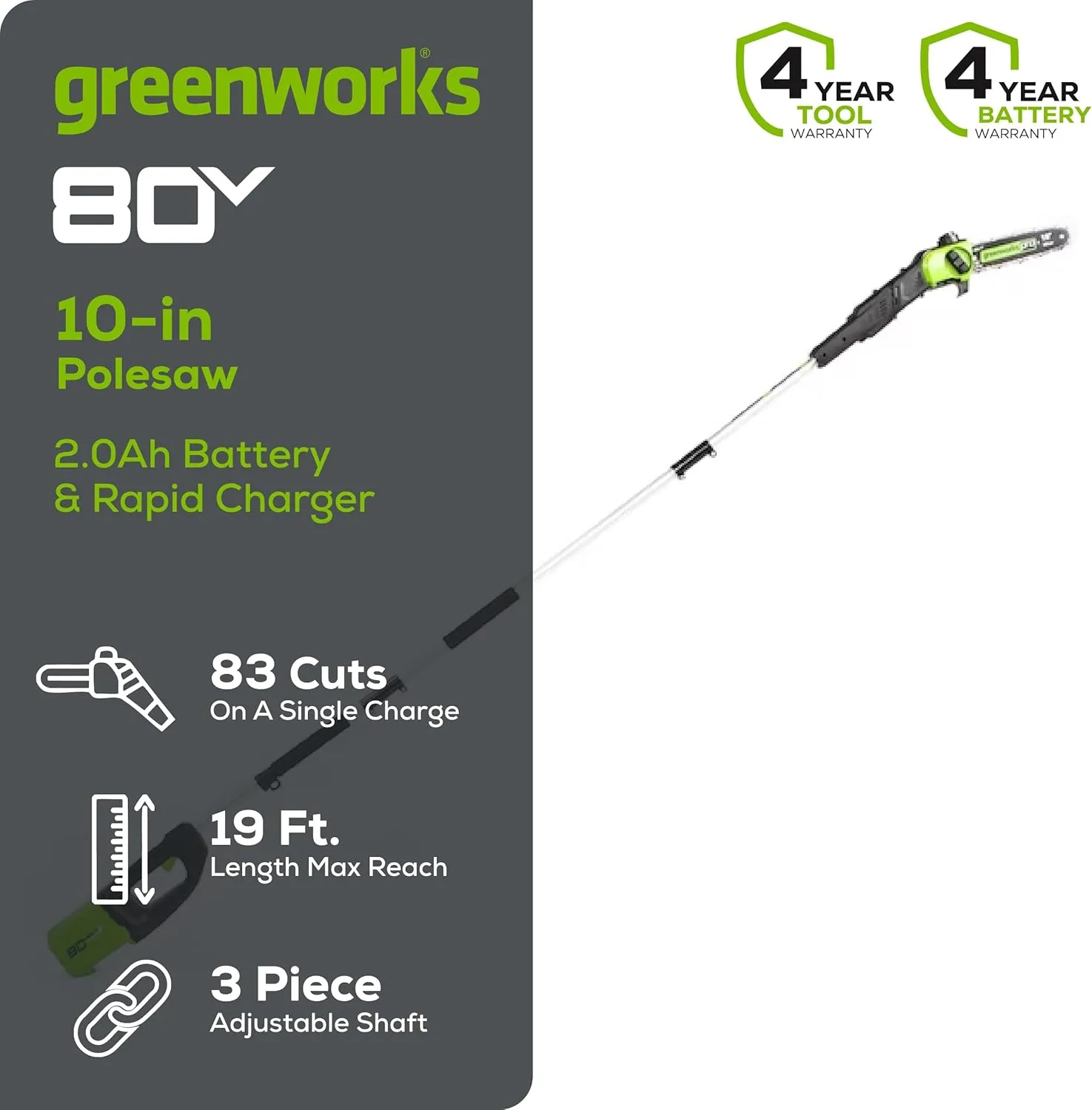Greenworks 80V 10" Cordless Polesaw (Great For Pruning and Trimming Branches / 75  Compatible Tools), 2.0Ah Battery and Charger Included