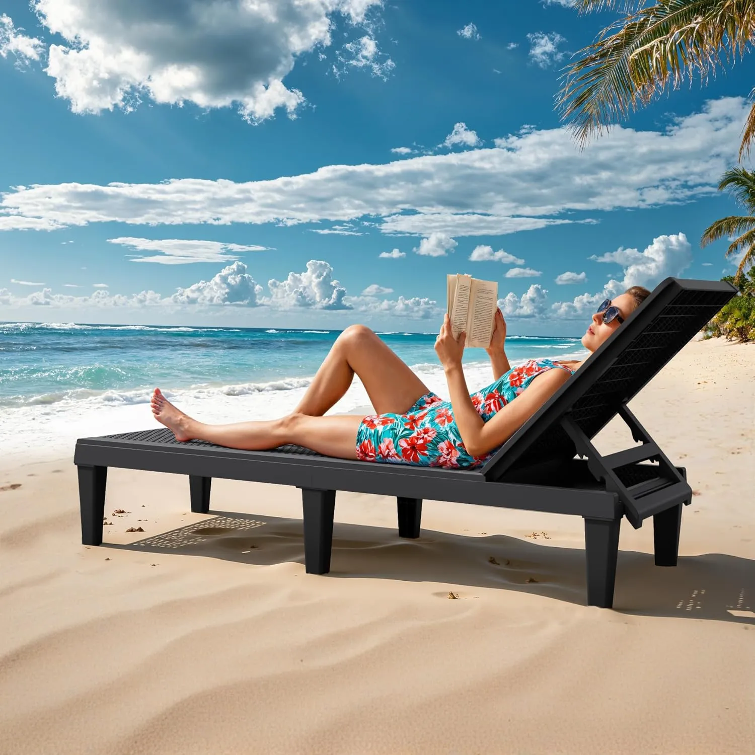 Greesum Outdoor Chaise Lounge Chairs Set of 2 with 5-Position Adjustable Backrest, Waterproof PP Sun Loungers for Garden Pool Beach Patio Deck Sunbathing, Black