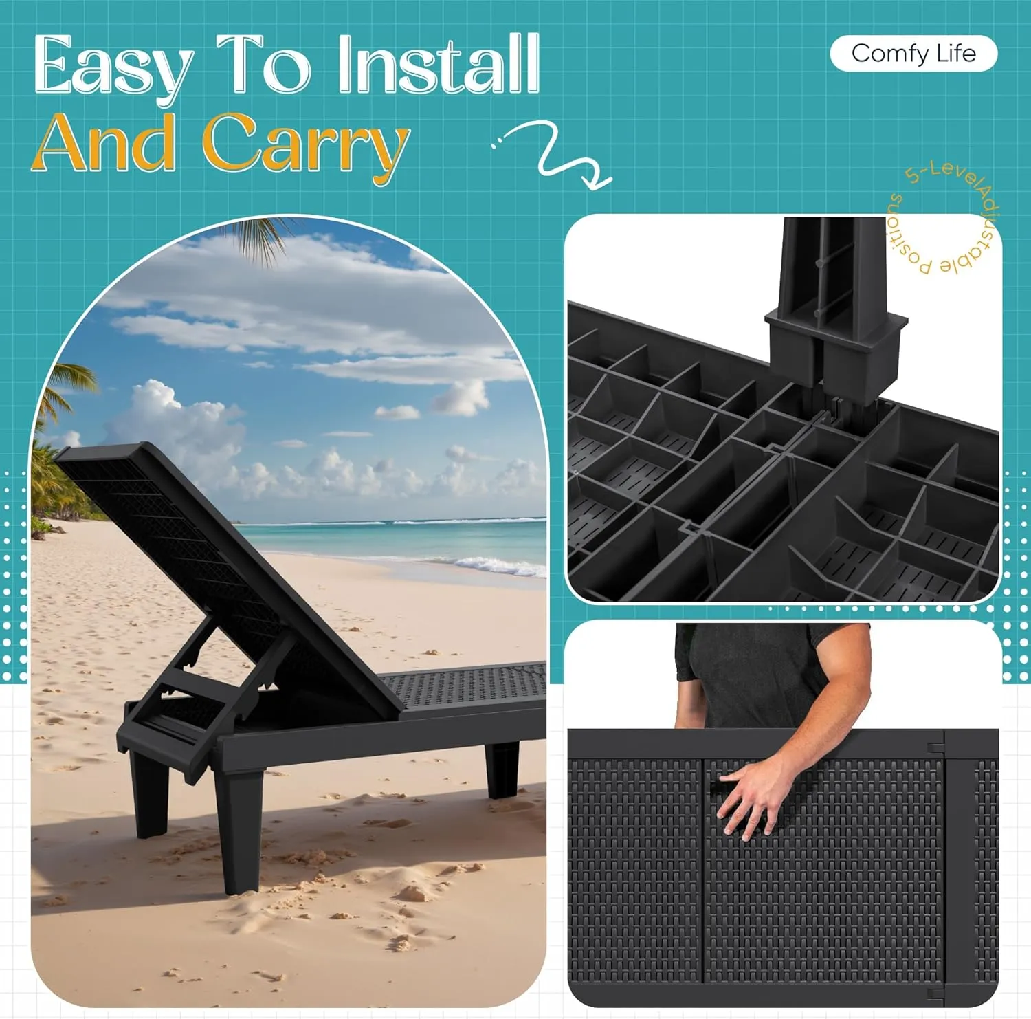Greesum Outdoor Chaise Lounge Chairs Set of 2 with 5-Position Adjustable Backrest, Waterproof PP Sun Loungers for Garden Pool Beach Patio Deck Sunbathing, Black