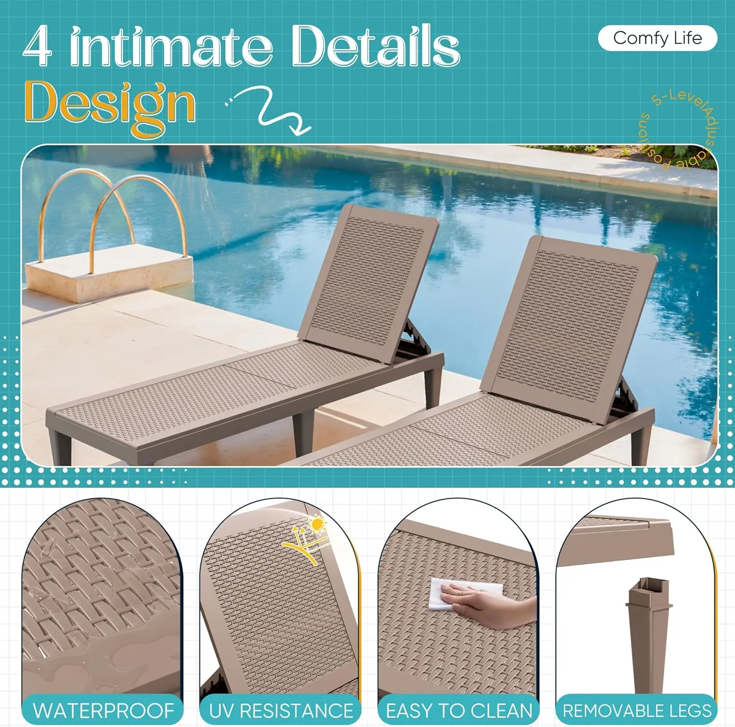Greesum Outdoor Chaise Lounge Chairs Set of 2 with 5-Position Adjustable Backrest, Waterproof PP Sun Loungers for Garden Pool Beach Patio Deck Sunbathing, Light Coffee