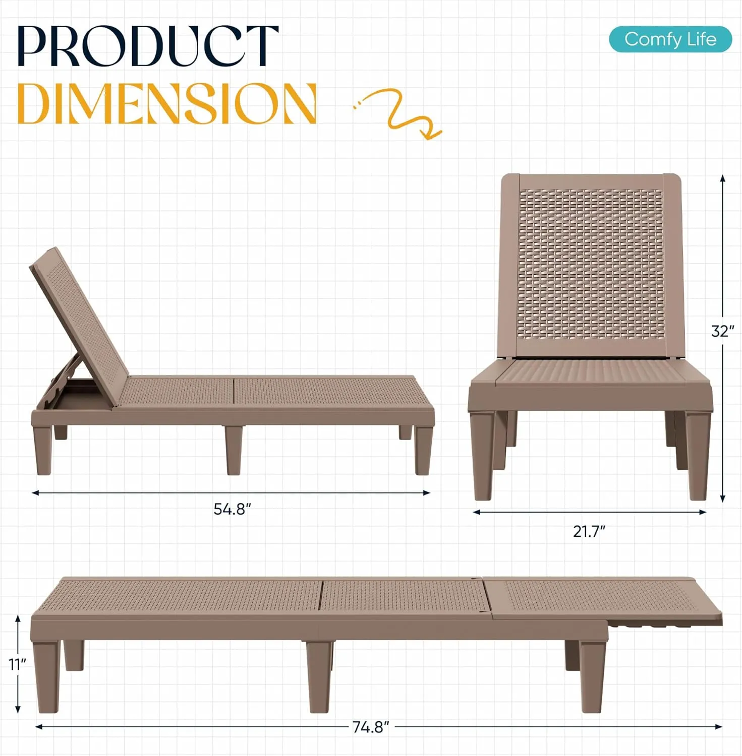 Greesum Outdoor Chaise Lounge Chairs Set of 2 with 5-Position Adjustable Backrest, Waterproof PP Sun Loungers for Garden Pool Beach Patio Deck Sunbathing, Light Coffee