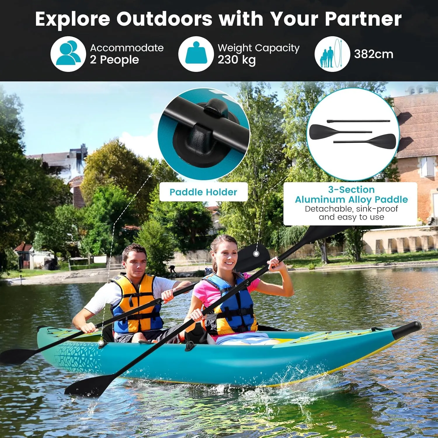 GYMAX Inflatable Kayak, 12.5Ft 507lbs Tandem Kayak with 2 Aluminum Paddles, 2 Padded Seats, Footrests, 2 Fins, Hand Pump, Carry Bag & Repair Kit, 2 Person Fishing Touring Kayak for Adults Youth
