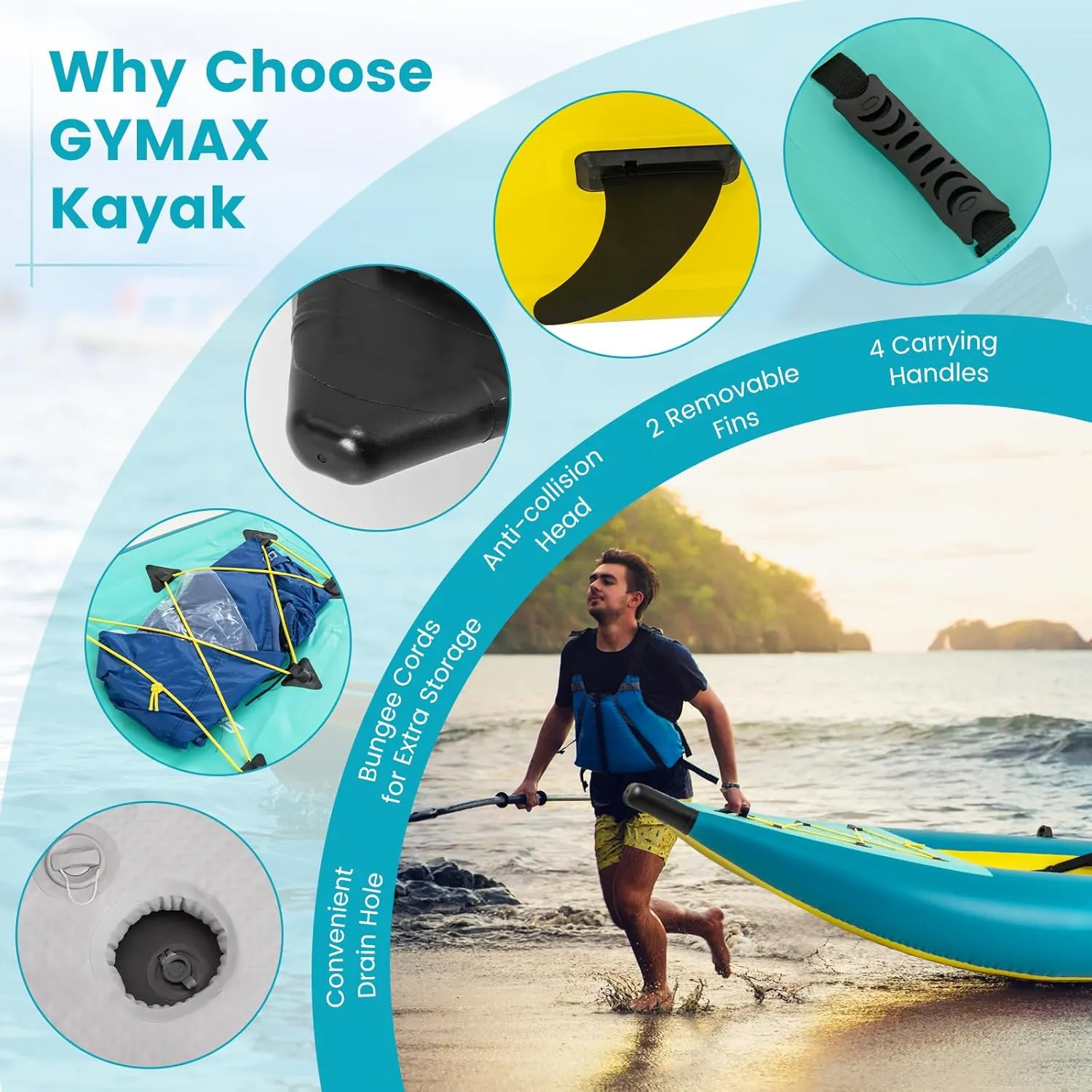 GYMAX Inflatable Kayak, 12.5Ft 507lbs Tandem Kayak with 2 Aluminum Paddles, 2 Padded Seats, Footrests, 2 Fins, Hand Pump, Carry Bag & Repair Kit, 2 Person Fishing Touring Kayak for Adults Youth