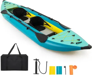 GYMAX Inflatable Kayak, 12.5Ft 507lbs Tandem Kayak with 2 Aluminum Paddles, 2 Padded Seats, Footrests, 2 Fins, Hand Pump, Carry Bag & Repair Kit, 2 Person Fishing Touring Kayak for Adults Youth