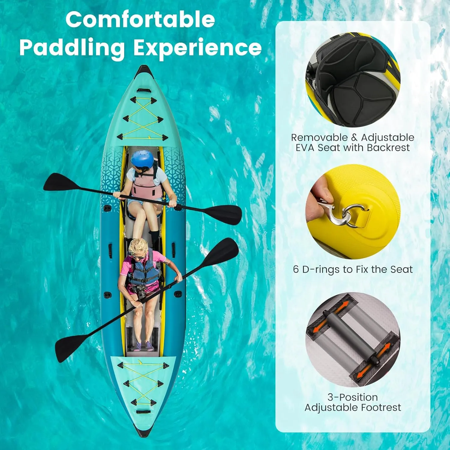 GYMAX Inflatable Kayak, 12.5Ft 507lbs Tandem Kayak with 2 Aluminum Paddles, 2 Padded Seats, Footrests, 2 Fins, Hand Pump, Carry Bag & Repair Kit, 2 Person Fishing Touring Kayak for Adults Youth