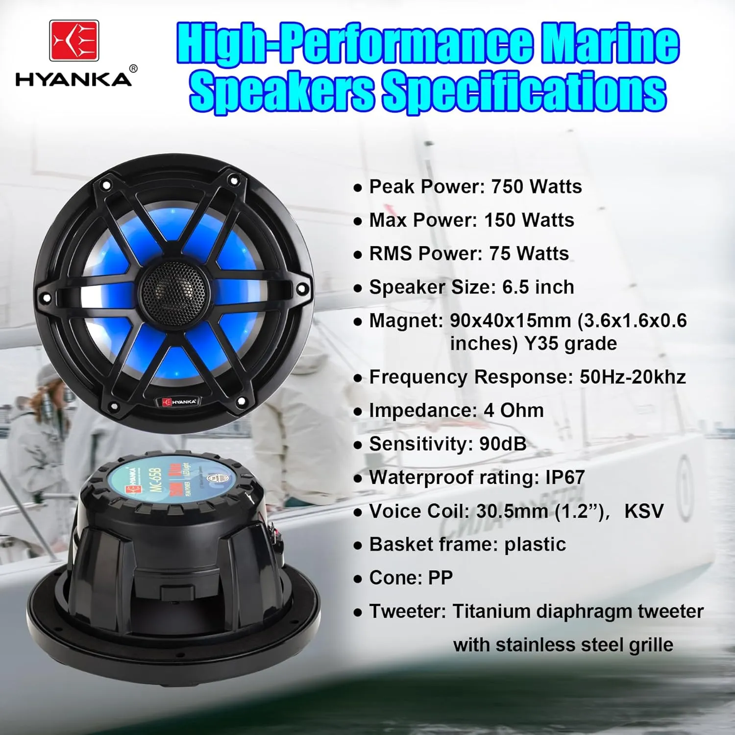 H YANKA 6.5 Marine Speakers - Powerful 750W 2-Way IP67 Waterproof Marine Stereo System with Blue LED Light, Full Range Sound, Professional Boat Speakers, No Distortion, Y35 Magnet Woofer - 1 Pair