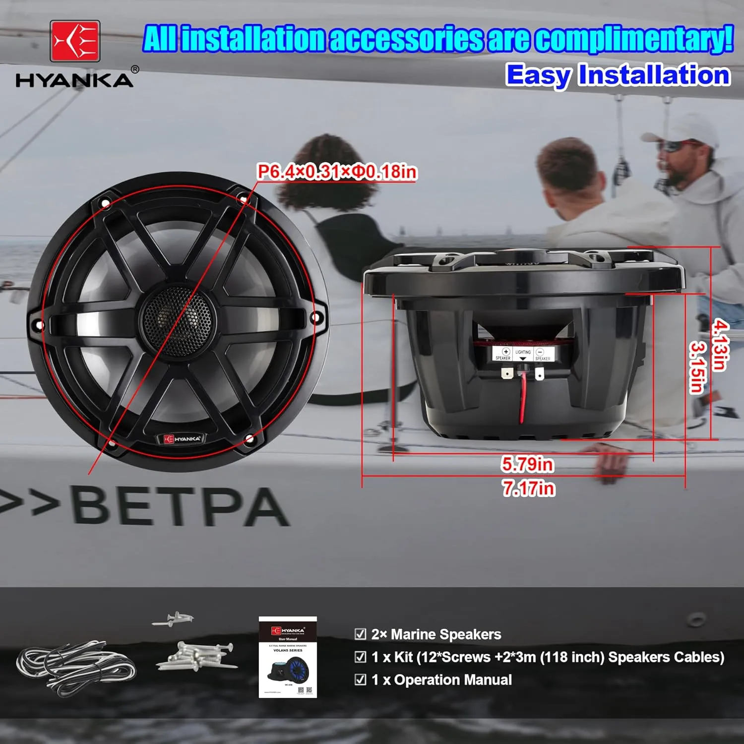 H YANKA 6.5 Marine Speakers - Powerful 750W 2-Way IP67 Waterproof Marine Stereo System with Blue LED Light, Full Range Sound, Professional Boat Speakers, No Distortion, Y35 Magnet Woofer - 1 Pair