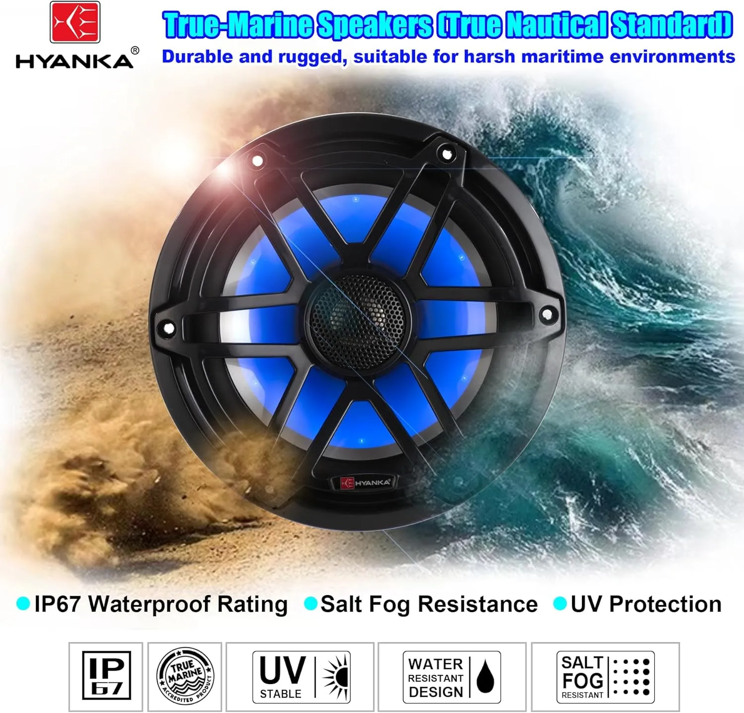 H YANKA 6.5 Marine Speakers - Powerful 750W 2-Way IP67 Waterproof Marine Stereo System with Blue LED Light, Full Range Sound, Professional Boat Speakers, No Distortion, Y35 Magnet Woofer - 1 Pair