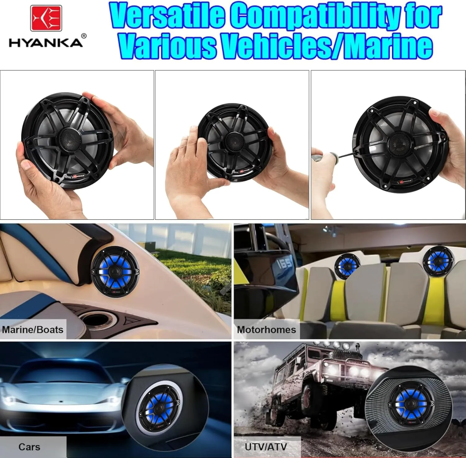 H YANKA 6.5 Marine Speakers - Powerful 750W 2-Way IP67 Waterproof Marine Stereo System with Blue LED Light, Full Range Sound, Professional Boat Speakers, No Distortion, Y35 Magnet Woofer - 1 Pair