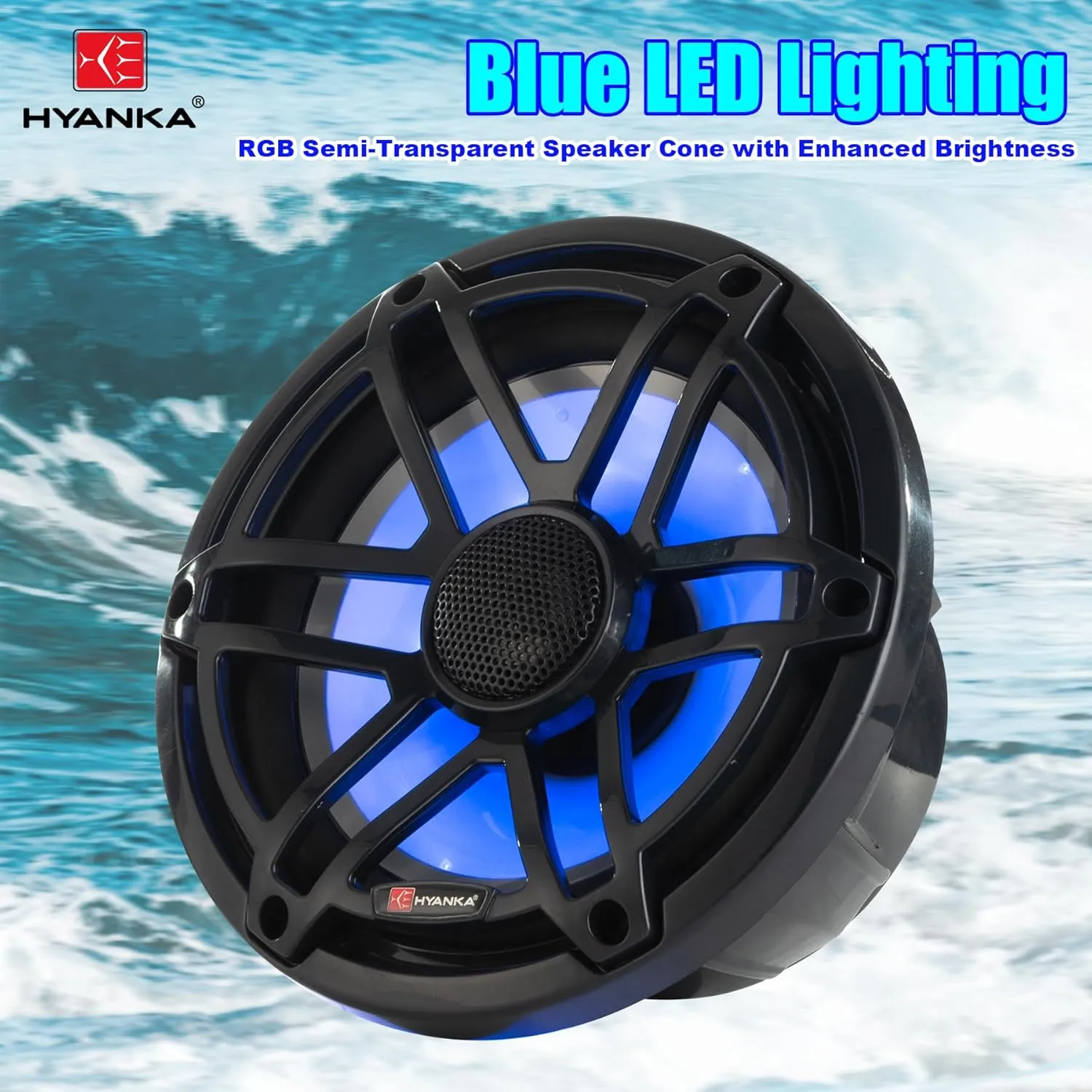 H YANKA 6.5 Marine Speakers - Powerful 750W 2-Way IP67 Waterproof Marine Stereo System with Blue LED Light, Full Range Sound, Professional Boat Speakers, No Distortion, Y35 Magnet Woofer - 1 Pair