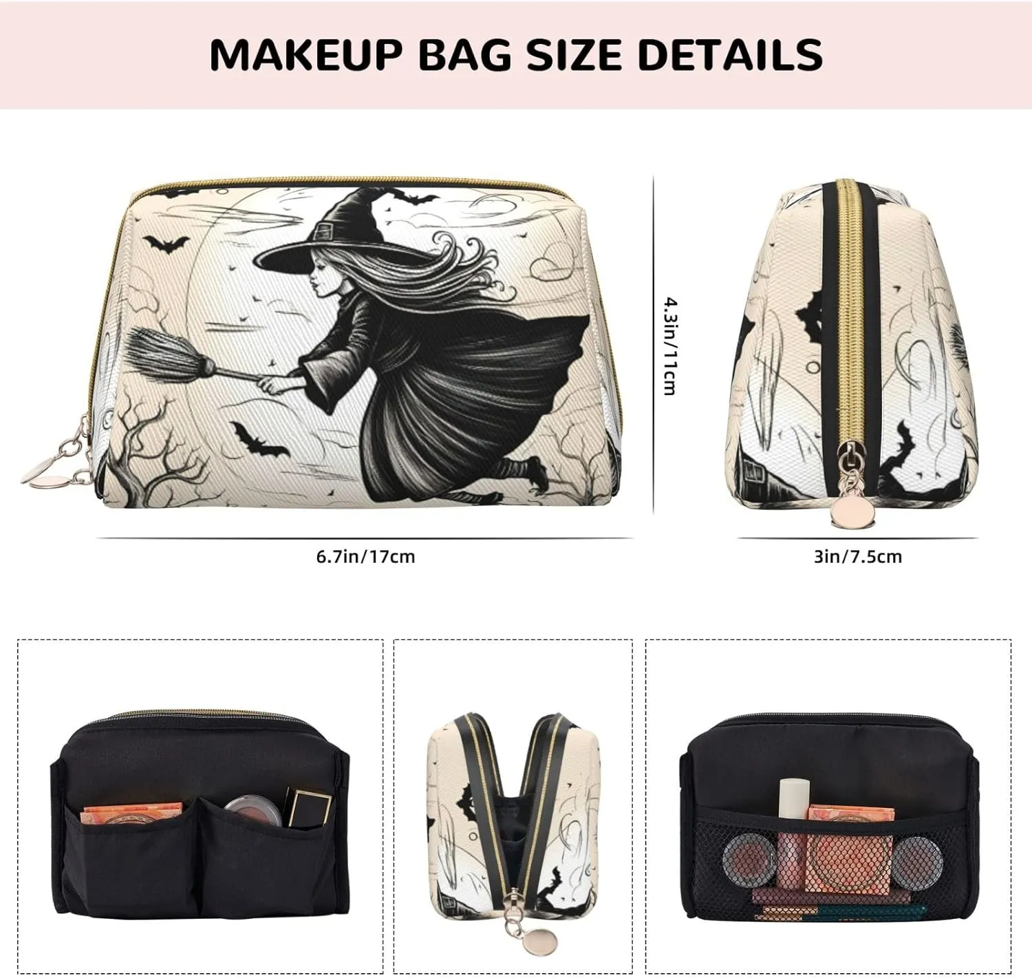 Halloween Witch Flying Toiletry Pouch, Travel-Friendly Makeup Organizer For Makeup Brushes, Lipsticks