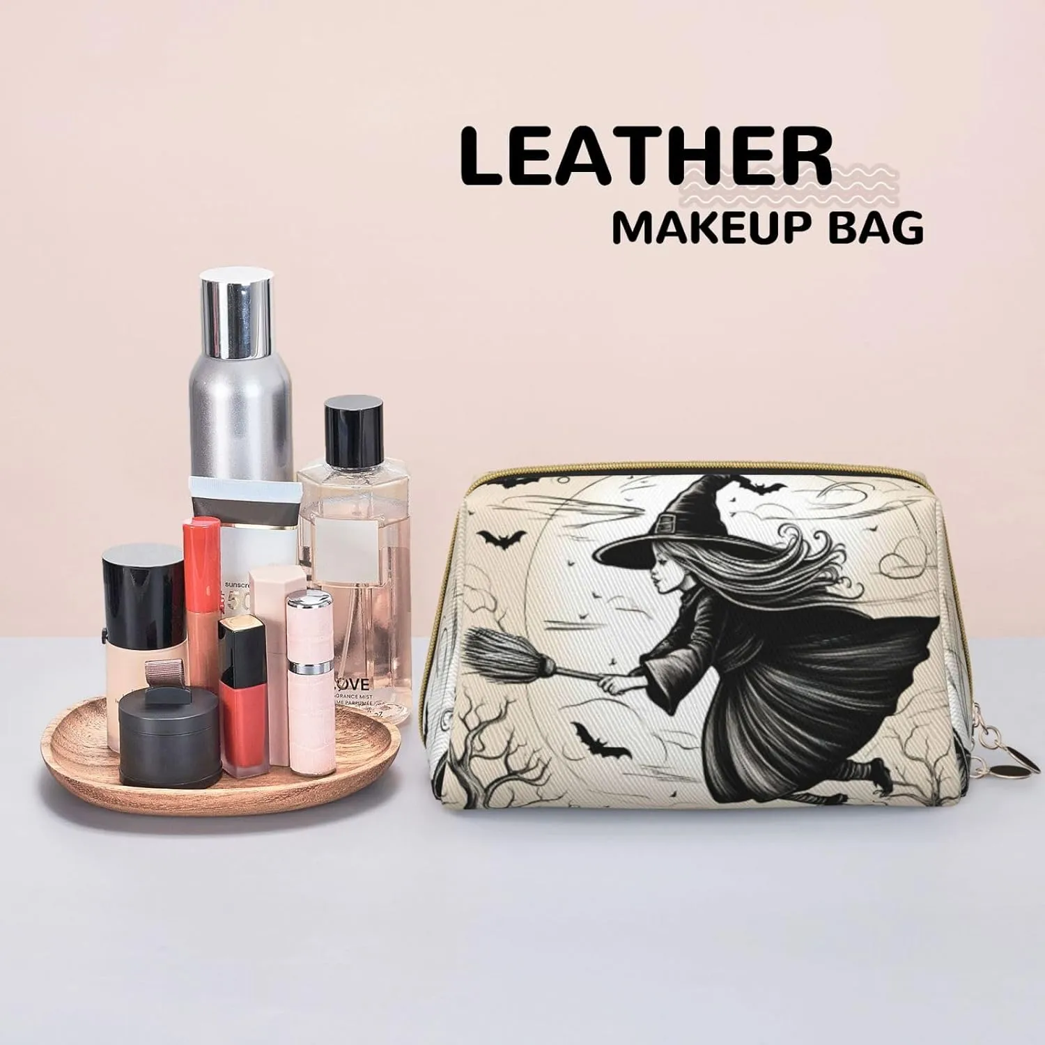Halloween Witch Flying Toiletry Pouch, Travel-Friendly Makeup Organizer For Makeup Brushes, Lipsticks