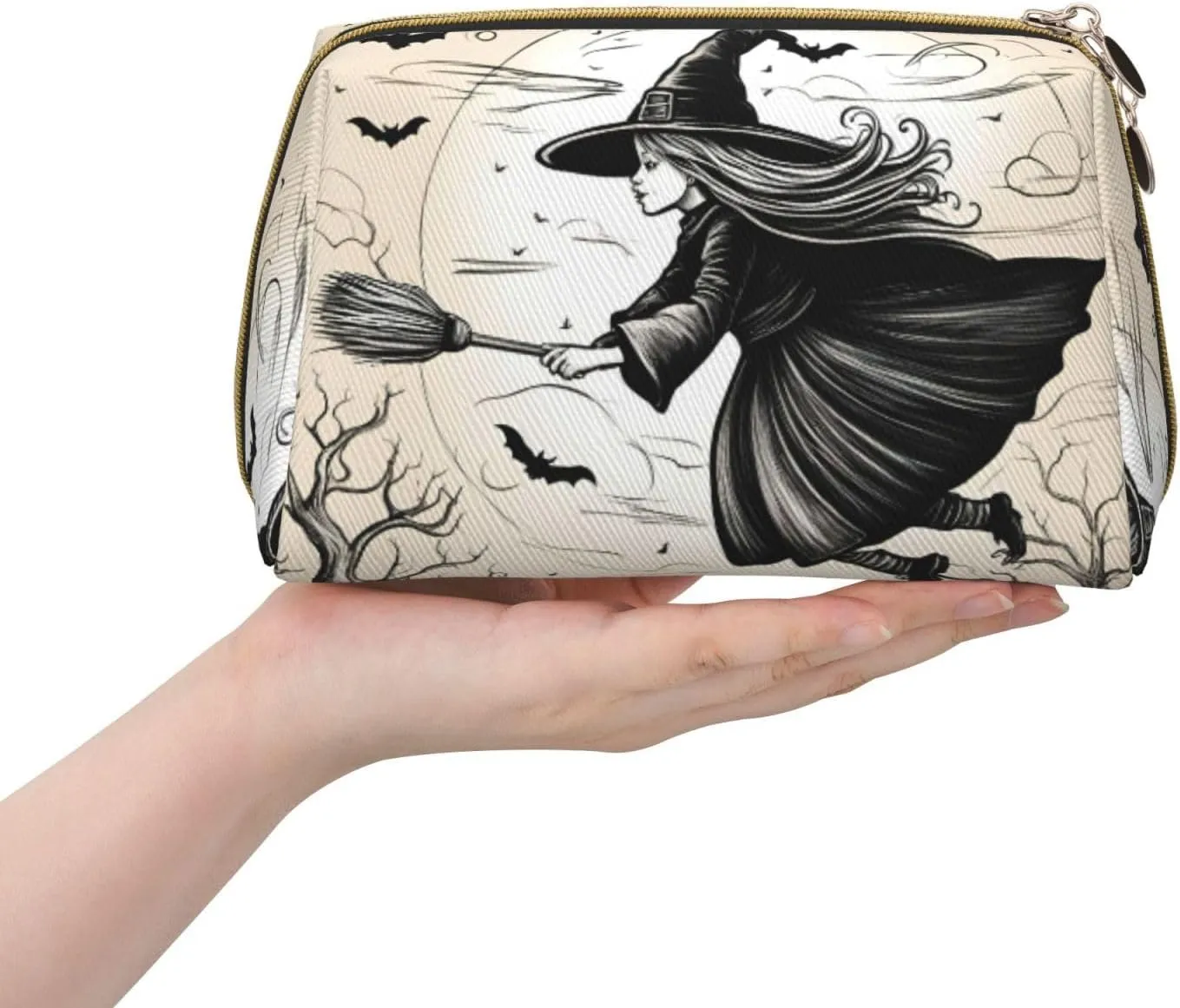 Halloween Witch Flying Toiletry Pouch, Travel-Friendly Makeup Organizer For Makeup Brushes, Lipsticks