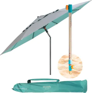 Handy Beach Umbrella & Anchor System, Large 7ft Silver Coated UPF 55 Canopy, 10 Second Installation, Wind Resistant, Durable, Lightweight, Comfortable Dual Pocket Bag Included