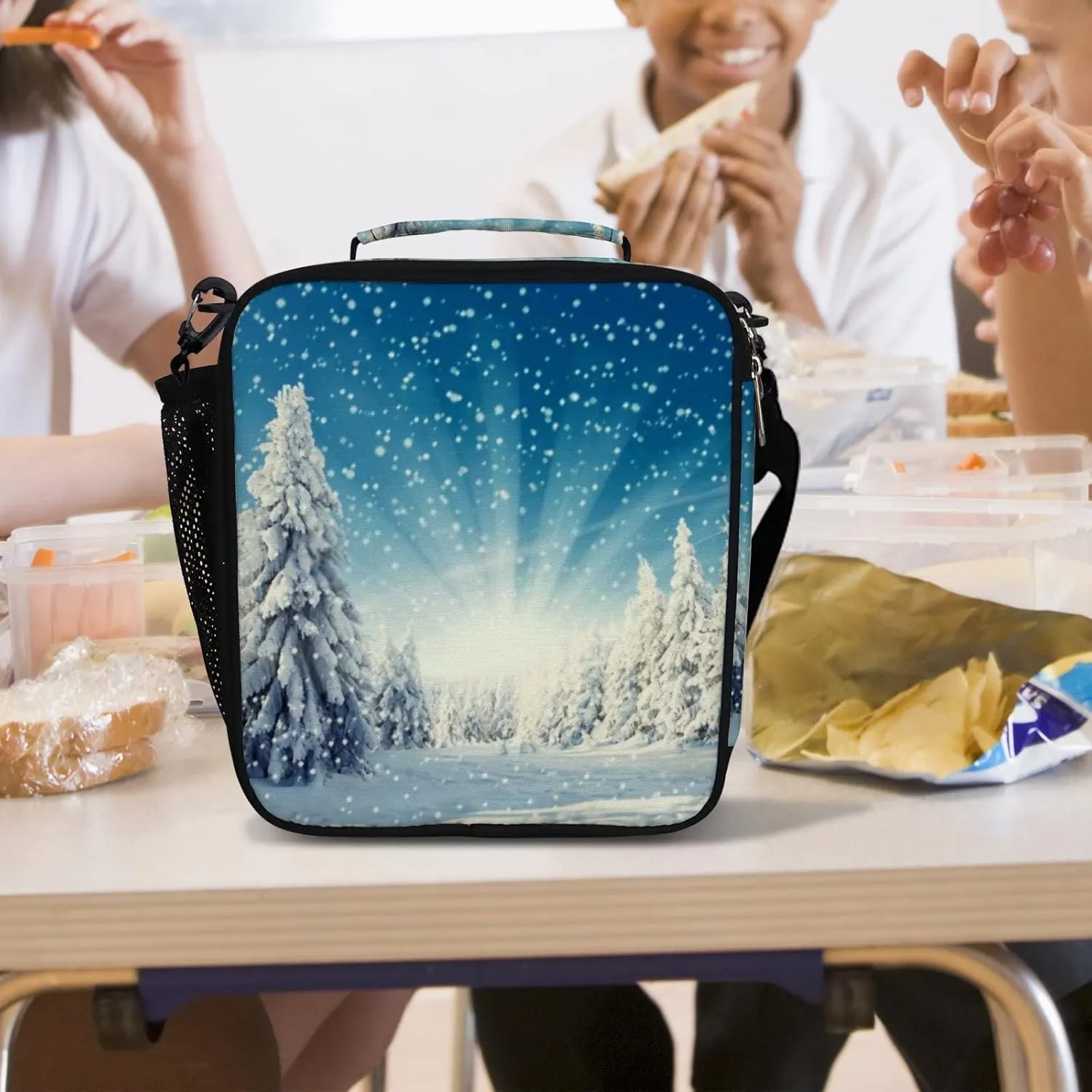 Hapuxt Lunch Box Lunch Bag with Adjustable Shoulder Strap Tote Amazing Winter Snowfall Sunlight Blue Sky Insulated Waterproof Outdoor Work Office Picnic for Women Men