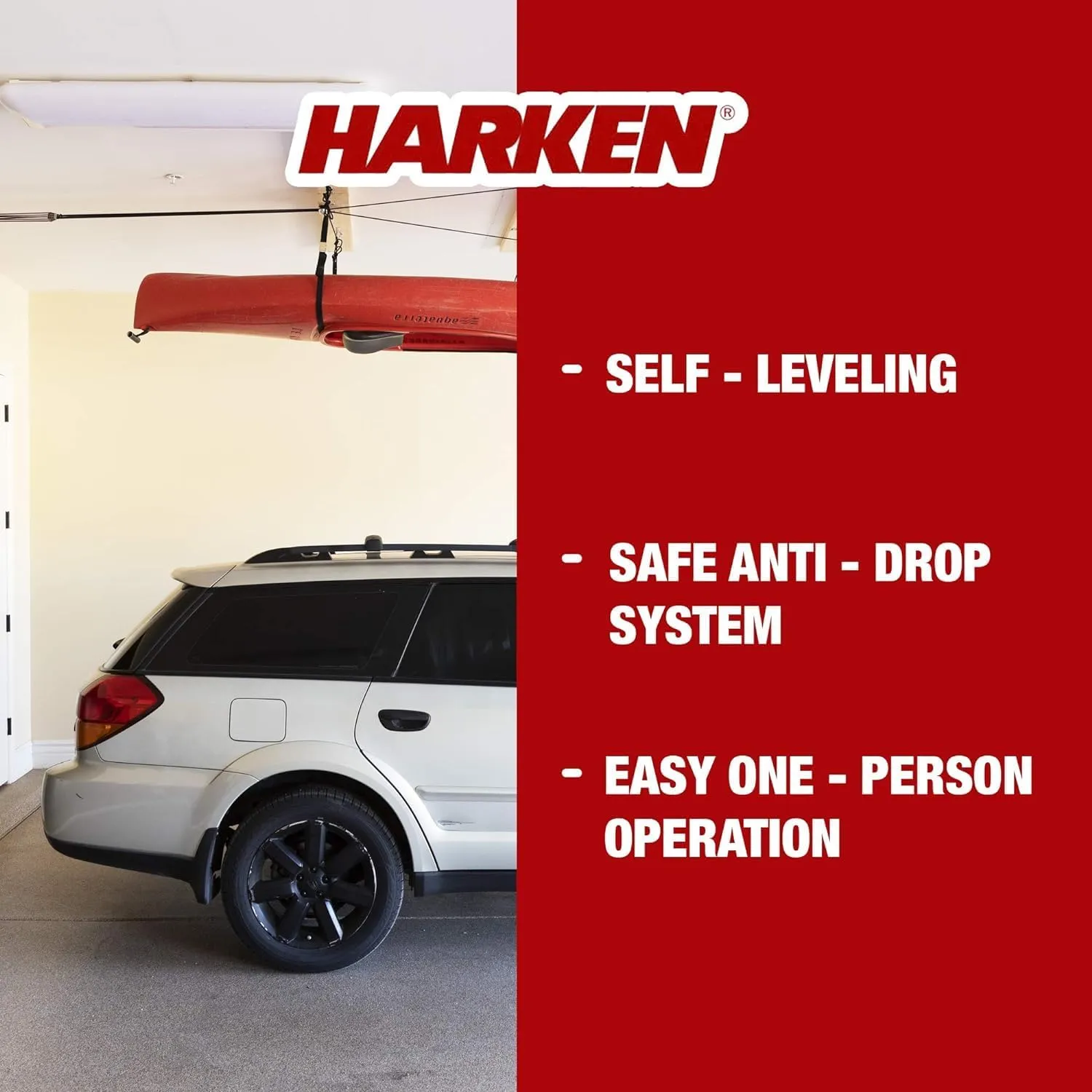 HARKEN Hoister Lightweight Kayaks Overhead Garage Storage Hoist System for Small Kayaks, Boards, Skulls, Light Storage (45lb Capacity, 16ft Ceiling), Model 7808.16