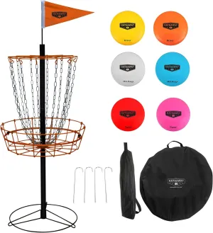 Hathaway 6-Player PDGA Approved Disc Golf Set for Kids & Adults – Frisbee Golf Basket with Weighted Discs, Sturdy Pole & Base, Chains, Anchors, Flag, Carry Bag – Complete Frisbee Golf Discs Set
