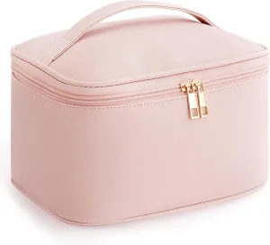 HBlife Travel Makeup Bag Portable Cute Leather Cosmetic Bag Large Make Up Bag Makeup Case Organizer Toiletry Bag for Women Girls with Handle and Removable Divider (Pink)