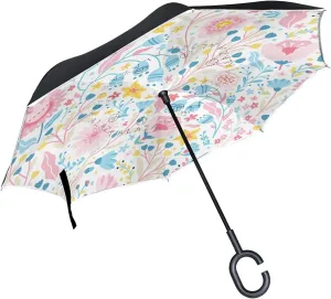 hengpai Pink Floral Flower Reverse Inverted Inside Out Umbrella Cars Unigue Windproof UV Proof Double Layer for Women