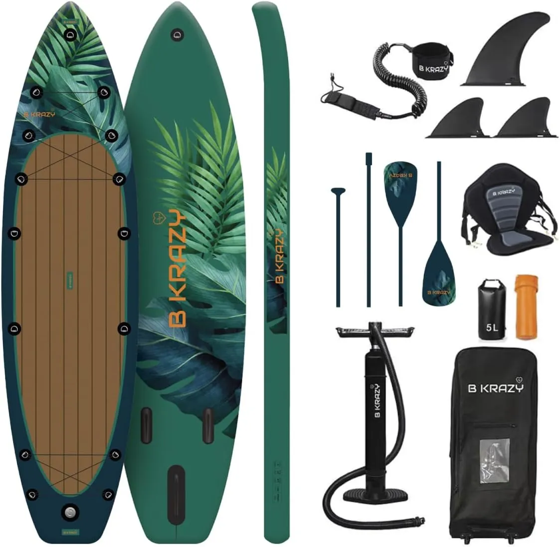 High-End Inflatable Paddle Board by Bkrazy - Complete Package with Accessories & Bag - Perfect Stand up Paddle Board for Lakes, River and Ocean - 11 ft Paddle Board for Adults