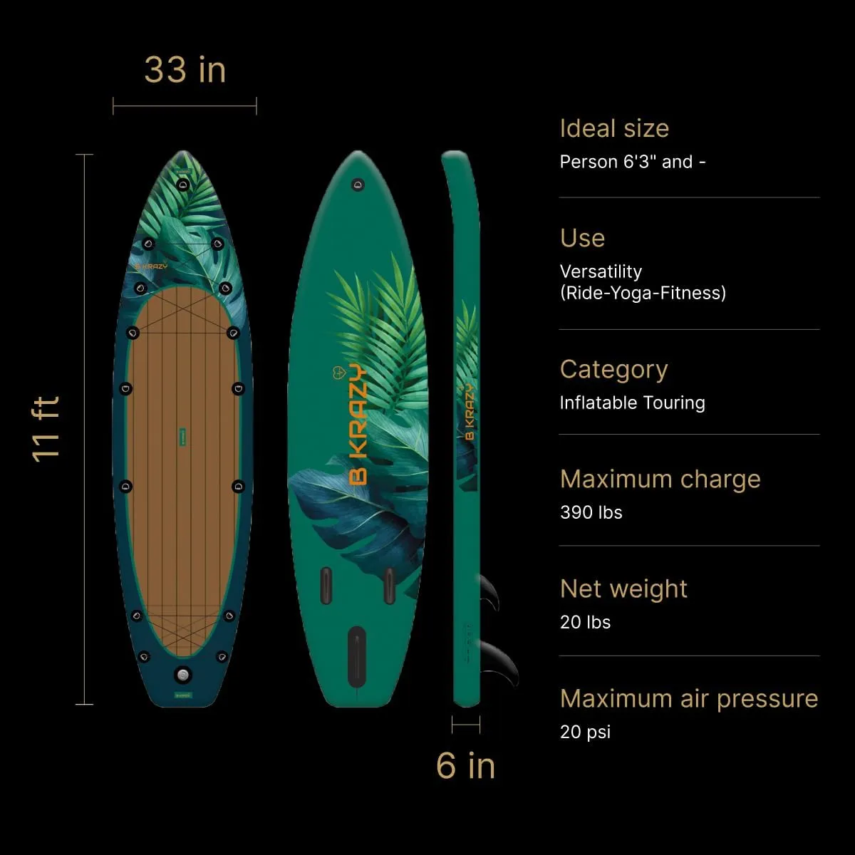 High-End Inflatable Paddle Board by Bkrazy - Complete Package with Accessories & Bag - Perfect Stand up Paddle Board for Lakes, River and Ocean - 11 ft Paddle Board for Adults