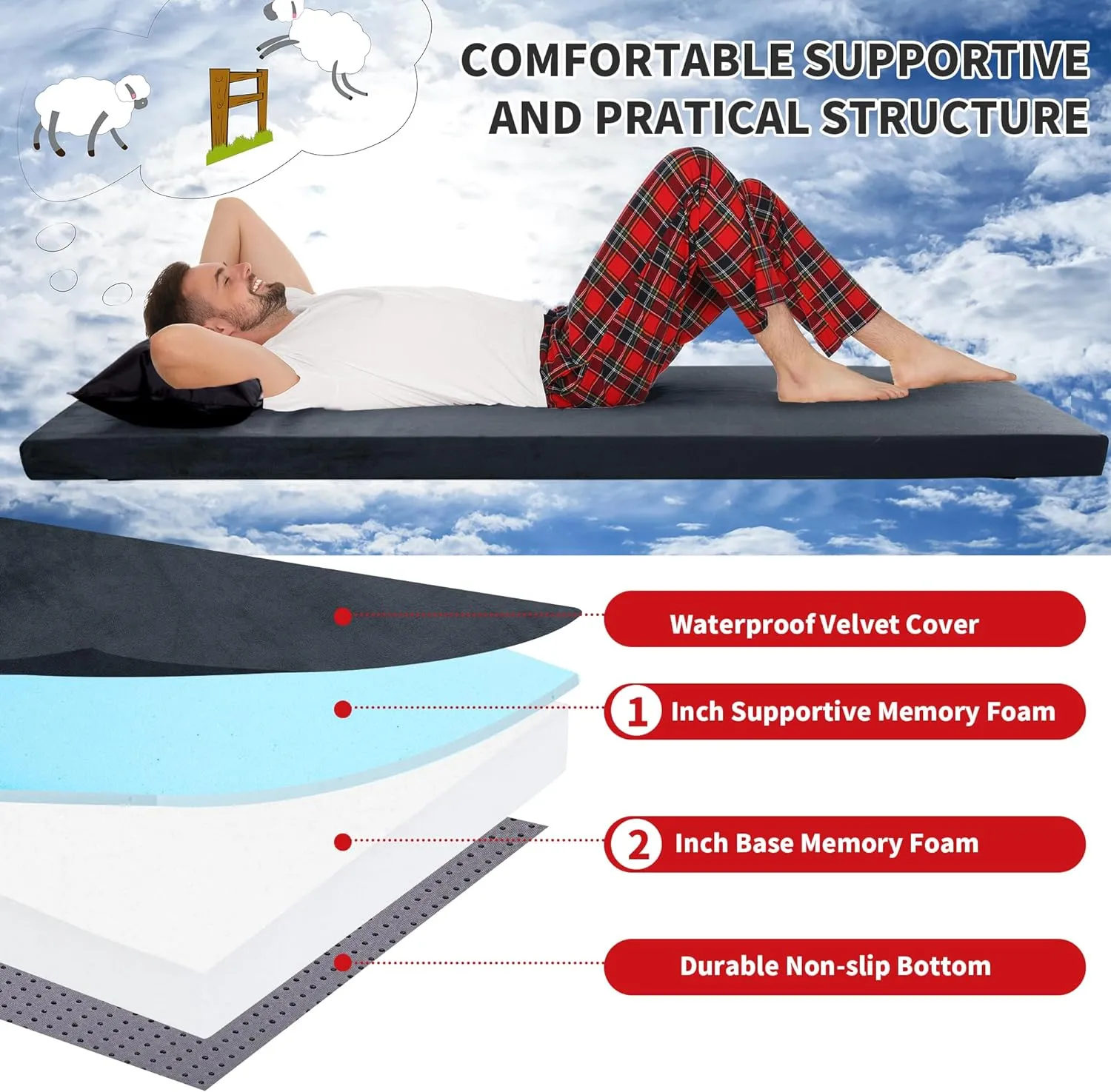 HOMBYS 3 INCH Memory Foam Camping Mattress with Portable Pillow for Outdoor Sleeping, Roll Up Mattress Topper Pad Mat for Travel Truck Bed Tent